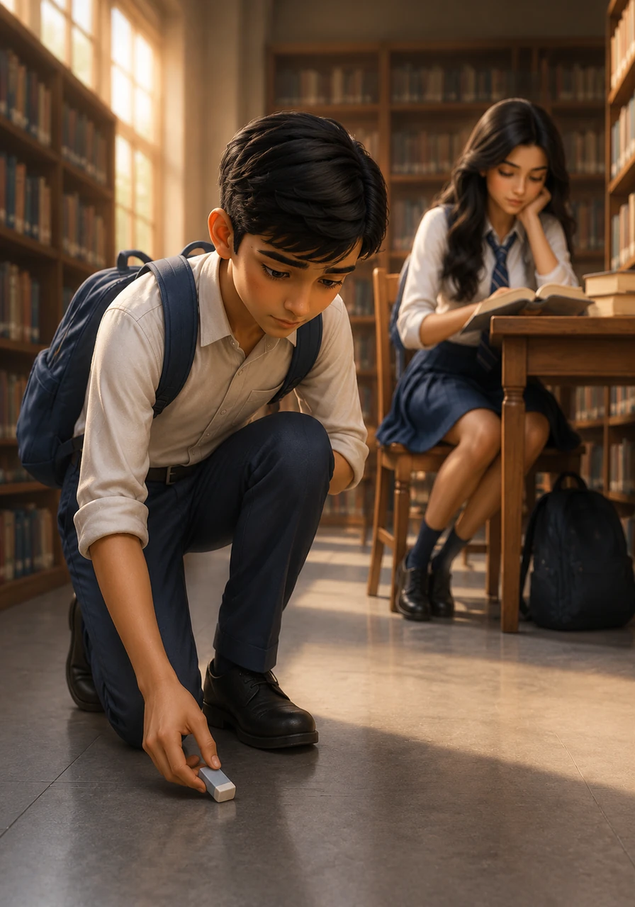 One afternoon, Arjun finds a small, worn eraser that Meera had accidentally dropped after a study session in the library. He tucks it into his pocket like a sacred relic, a tangible connection to the girl who doesn't even know his name, keeping it close to him through every exam and long night.