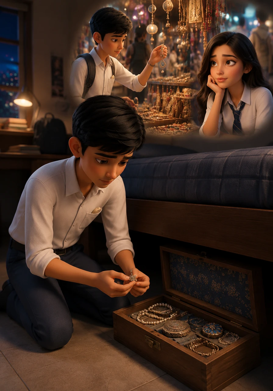 Whenever Arjun visits local fairs or travels to new cities, he searches the stalls for delicate trinkets and beautiful jewelry he thinks she would love. He collects these treasures in a small wooden box under his bed, holding onto the flickering hope that one day he will have the right to give them to her.