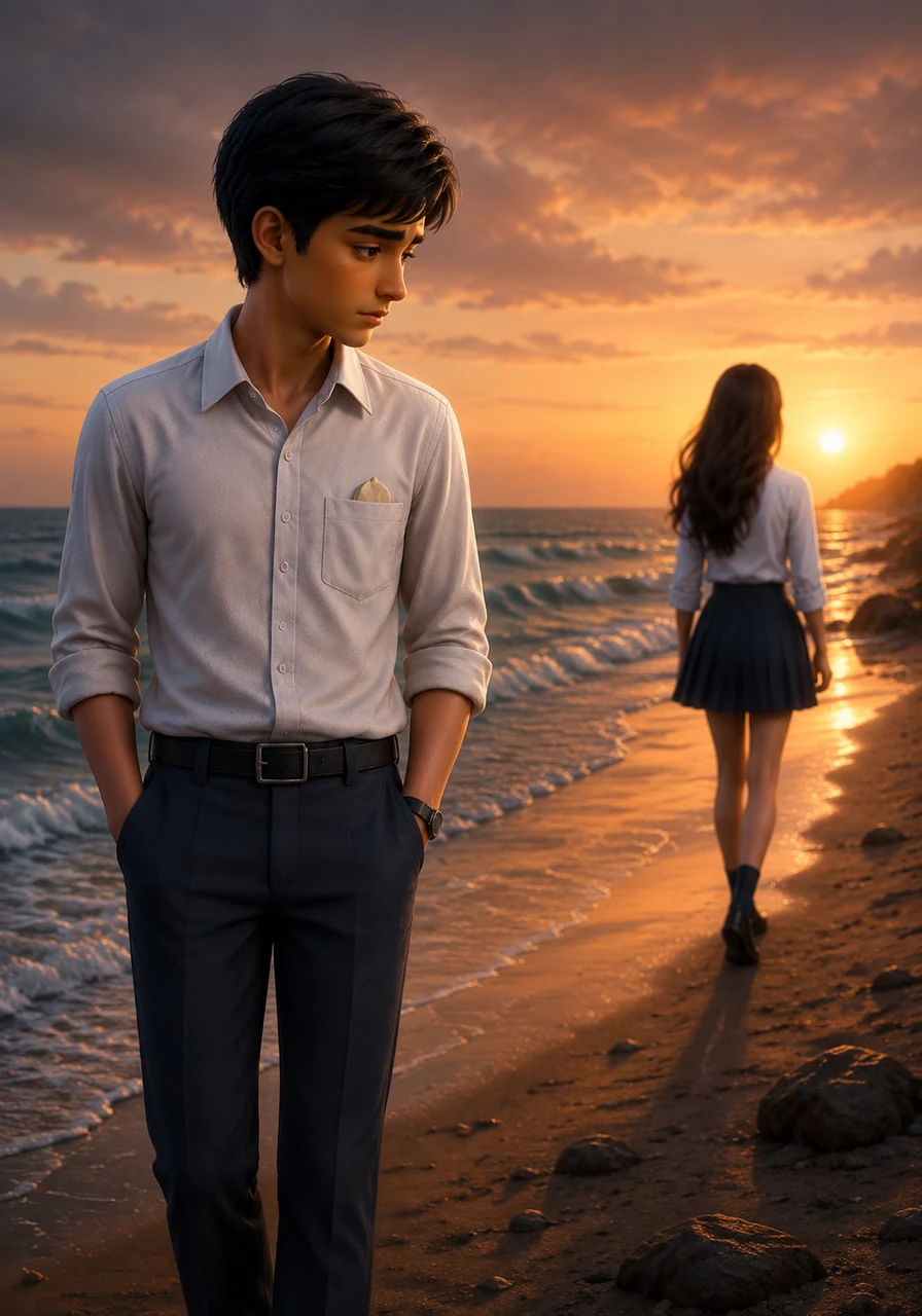 Six years have drifted by, and though Arjun is now a man, his love for Meera has only deepened into a quiet, refined ache that lives within his soul. He stands by the shore at sunset, realizing that some loves are not meant to be possessed, but are carried forever as a beautiful, bittersweet part of who we are.