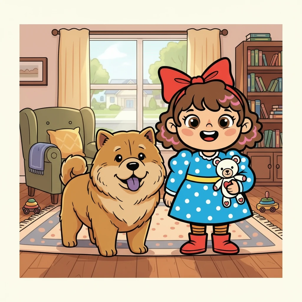Ella, a bright-eyed three-year-old, lived in a cozy house in San Carlos. Her best friend in the whole world was Misha, a fluffy chow chow with a purple tongue. They were always together, ready for any adventure.