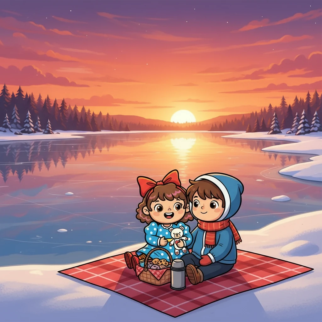 As the sun began to set, they found a cozy spot by a frozen lake. Ella and Misha snuggled close, sharing a snack and watching the colors paint the sky. They were content and happy.