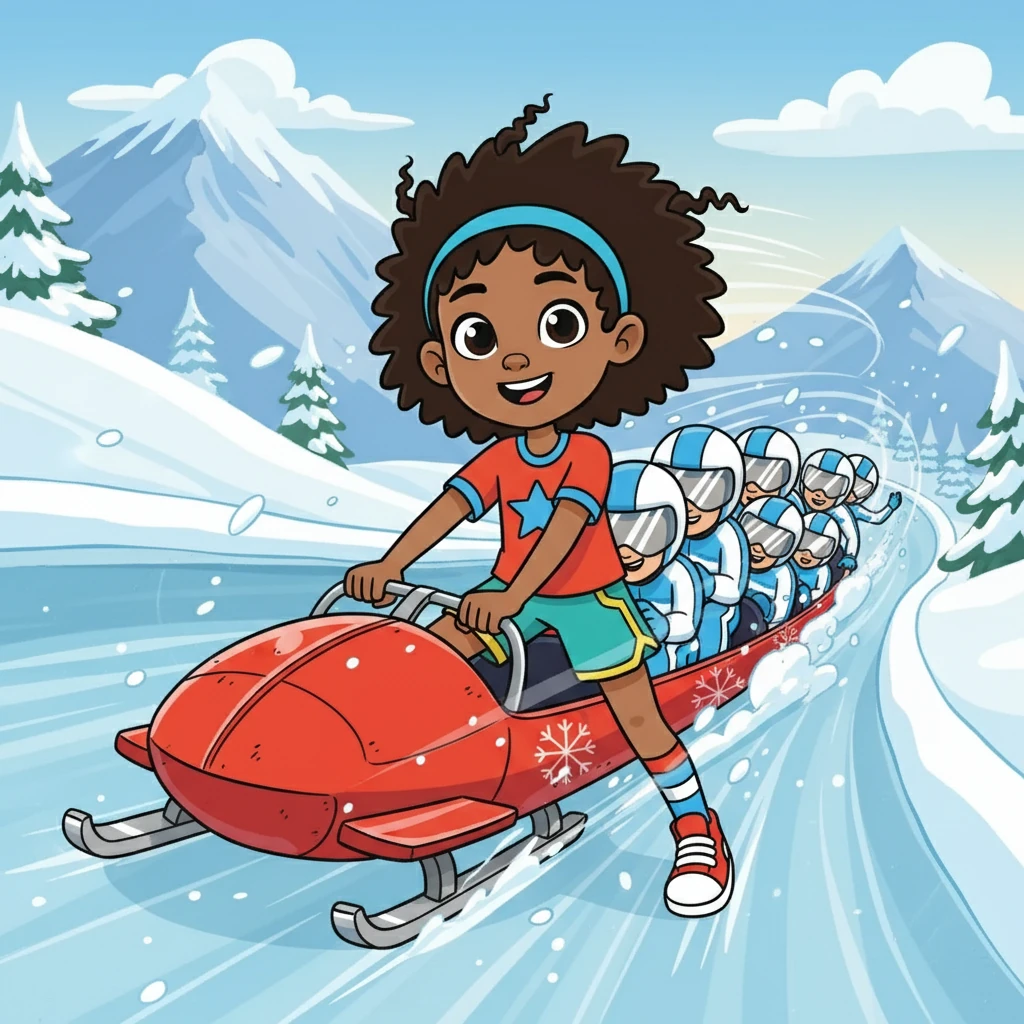 Anya, a bright-eyed girl with pigtails, loved all sports. Her journey began on a snowy mountain, where a bobsleigh team was practicing. Anya watched in awe, dreaming of the day she could join them and feel the icy wind on her face. She imagined herself steering a bobsleigh.