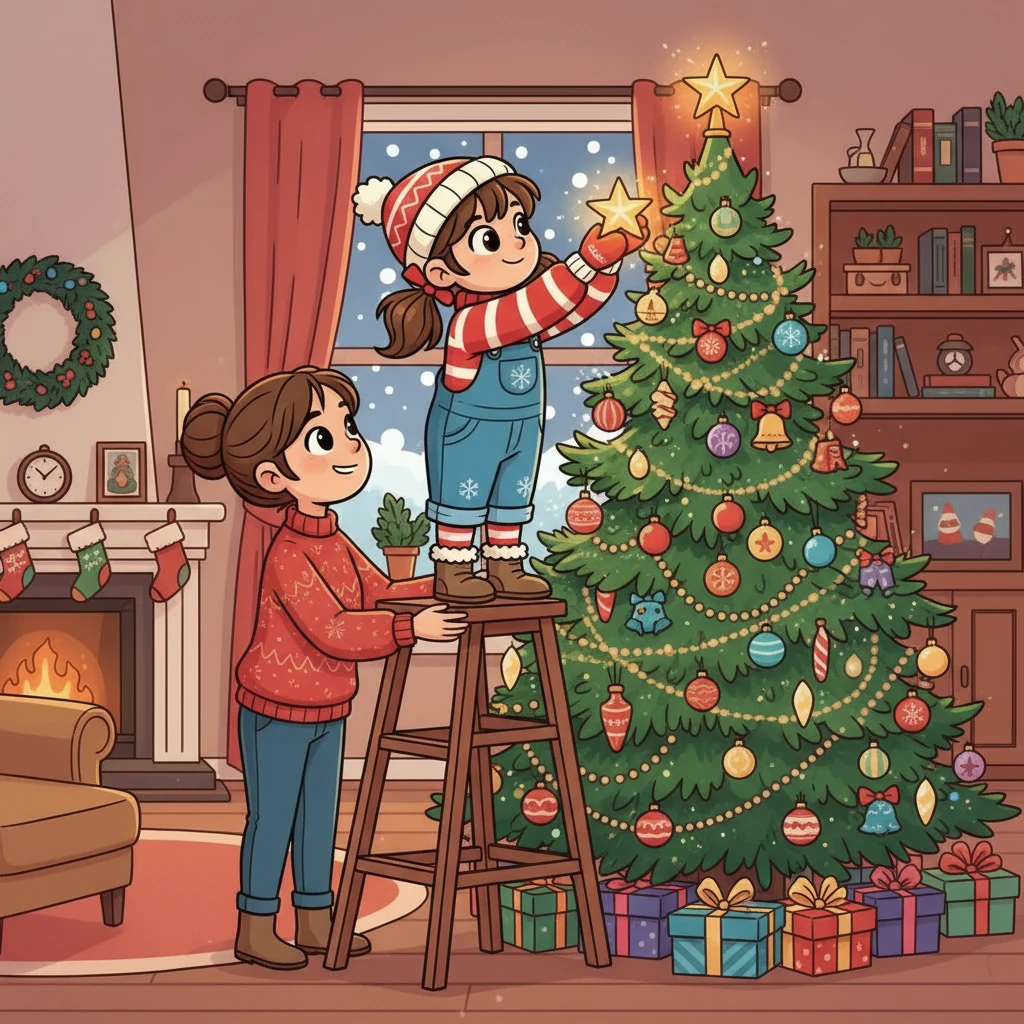 Inside, Lily helped her mother decorate the Christmas tree. Ornaments of every color shimmered, and the scent of pine filled the cozy living room. Lily carefully placed a star on top, feeling a warm glow inside.