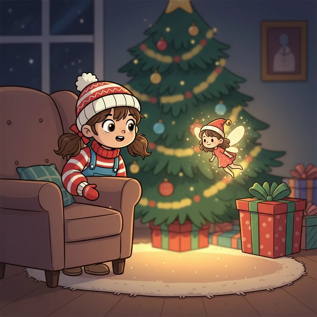 That night, Lily couldn't sleep. She snuck downstairs, drawn by a soft, golden light coming from under the tree. A tiny, glittering fairy with a bell on her hat was hovering near a wrapped gift.