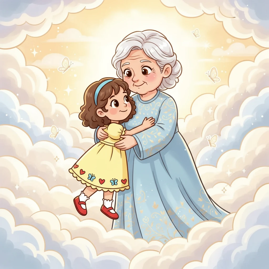 In heaven, Lily met her Great Gramma, a kind woman with a loving smile. Great Gramma’s eyes sparkled with warmth as she held Lily close, sharing stories of the world below and the family that awaited her.