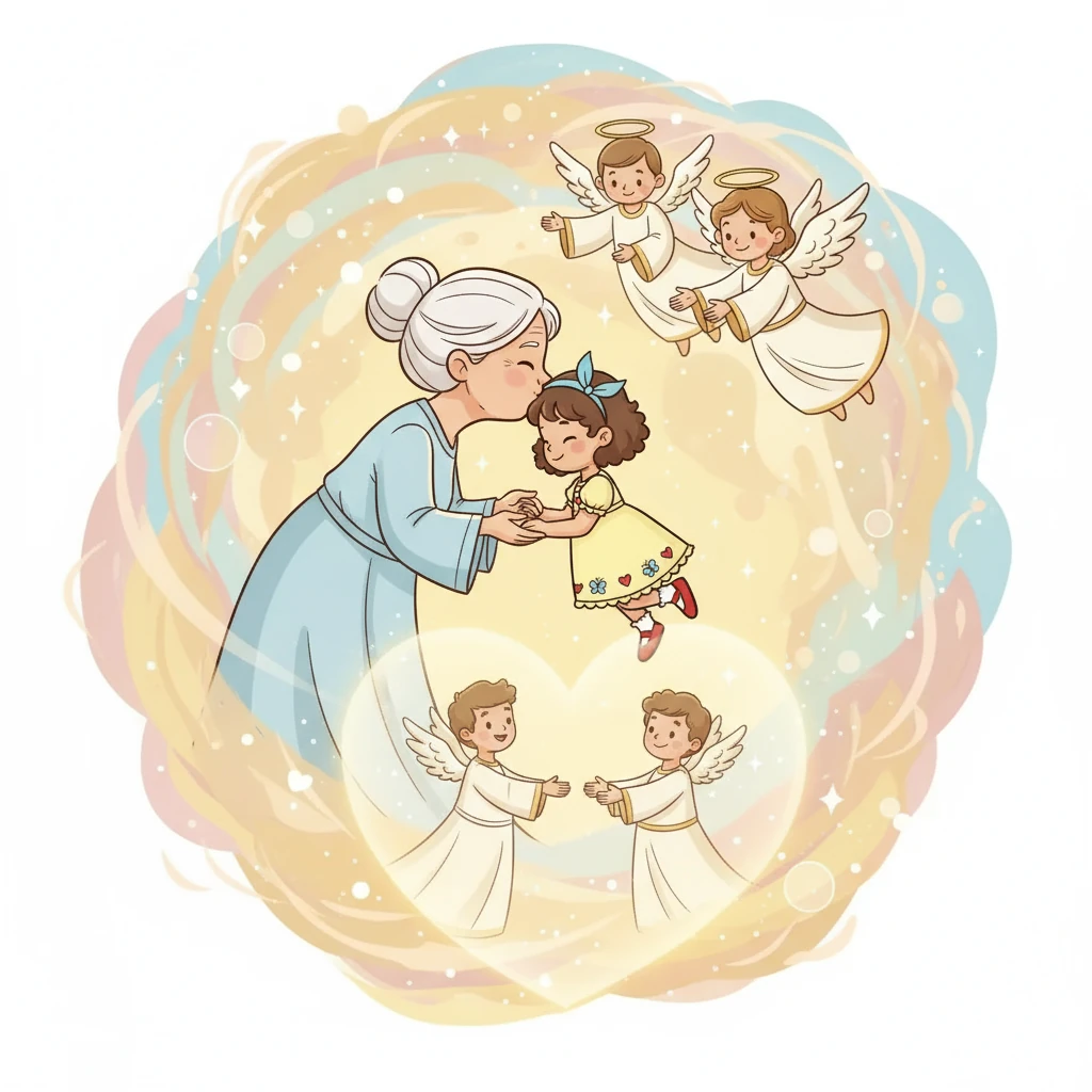 Finally, the day arrived. Great Gramma kissed Lily’s forehead and handed her to the angels. As Lily floated downward, she knew she was going to meet her Mommy and Daddy, and their love would surround her.