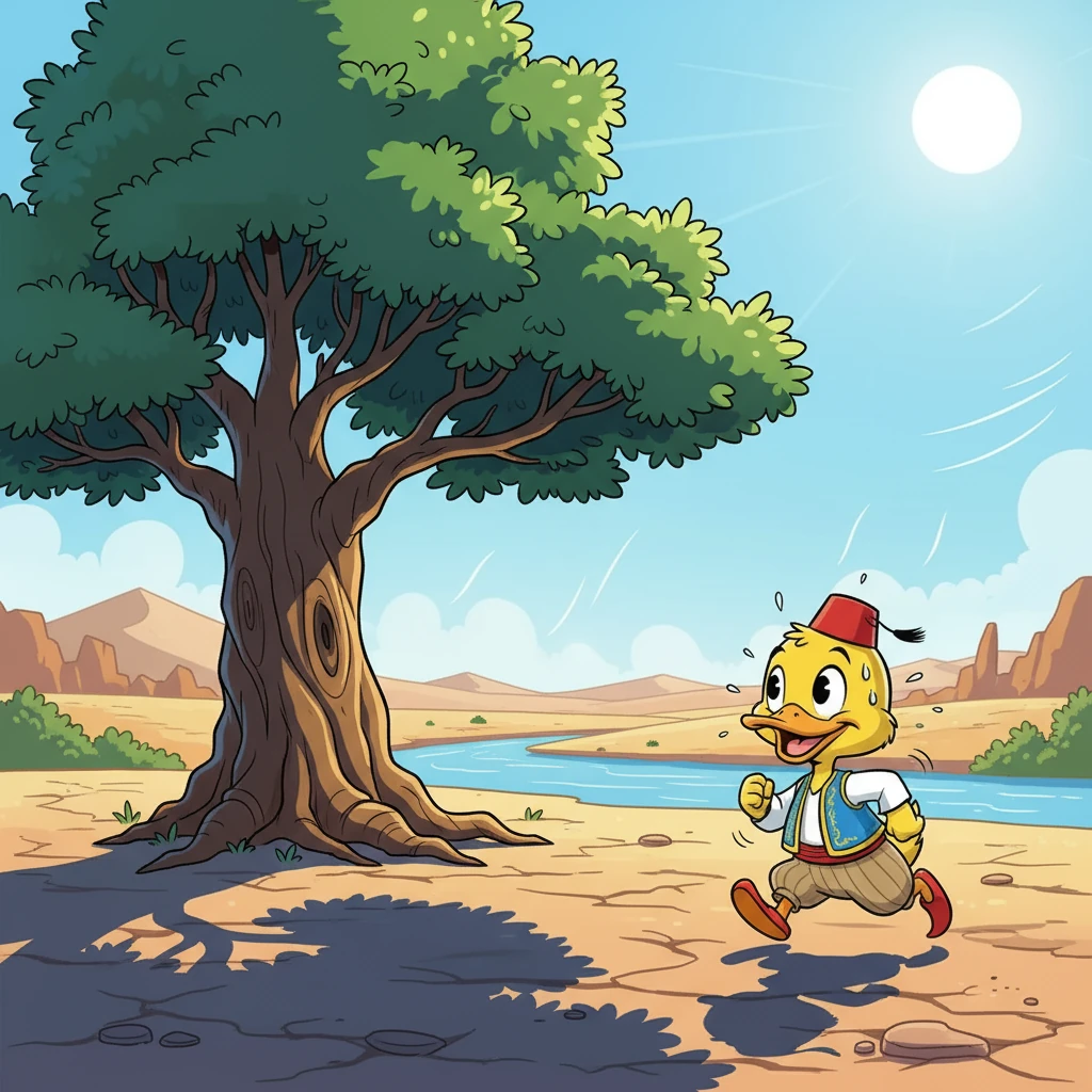 ركض بطوط الصغير نحو النهر، لكن الشمس كانت حارقة، وبدأ يشعر بالحرارة. رأى شجرة كبيرة وظلًا واسعًا، فقرر أن يستريح تحتها قليلًا.