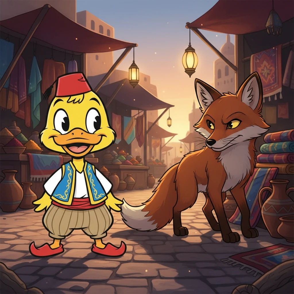 فجأة، سمع بطوط صوتًا غريبًا. نظر حوله ورأى ثعلبًا كبيرًا يحدق به. شعر بالخوف، لكنه عرف أنه يجب أن يكون شجاعًا.