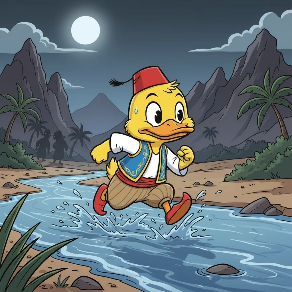 قرر بطوط أن يهرب، وركض بأقصى سرعة. شعر بالبرد الشديد أثناء عبوره النهر، لكنه استمر في الركض، متجاهلاً الخوف.