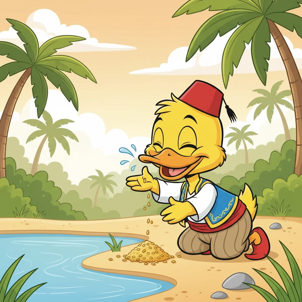 بعد الركض الطويل، وجد بطوط بحيرة صغيرة مليئة بالماء. شرب حتى ارتوى، وشعر بالسعادة تغمر قلبه. ثم وجد بعض الحبوب ليأكلها.