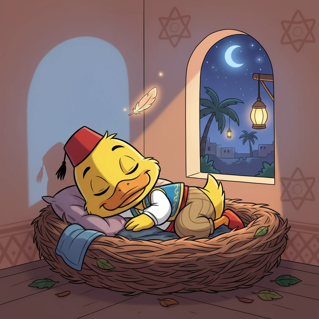 في نهاية اليوم، عاد بطوط إلى عشه، وهو يشعر بالتعب، لكنه سعيد. تعلم درسًا مهمًا: حتى في أصعب الأوقات، يمكن للشجاعة أن تقودك إلى مكان آمن.