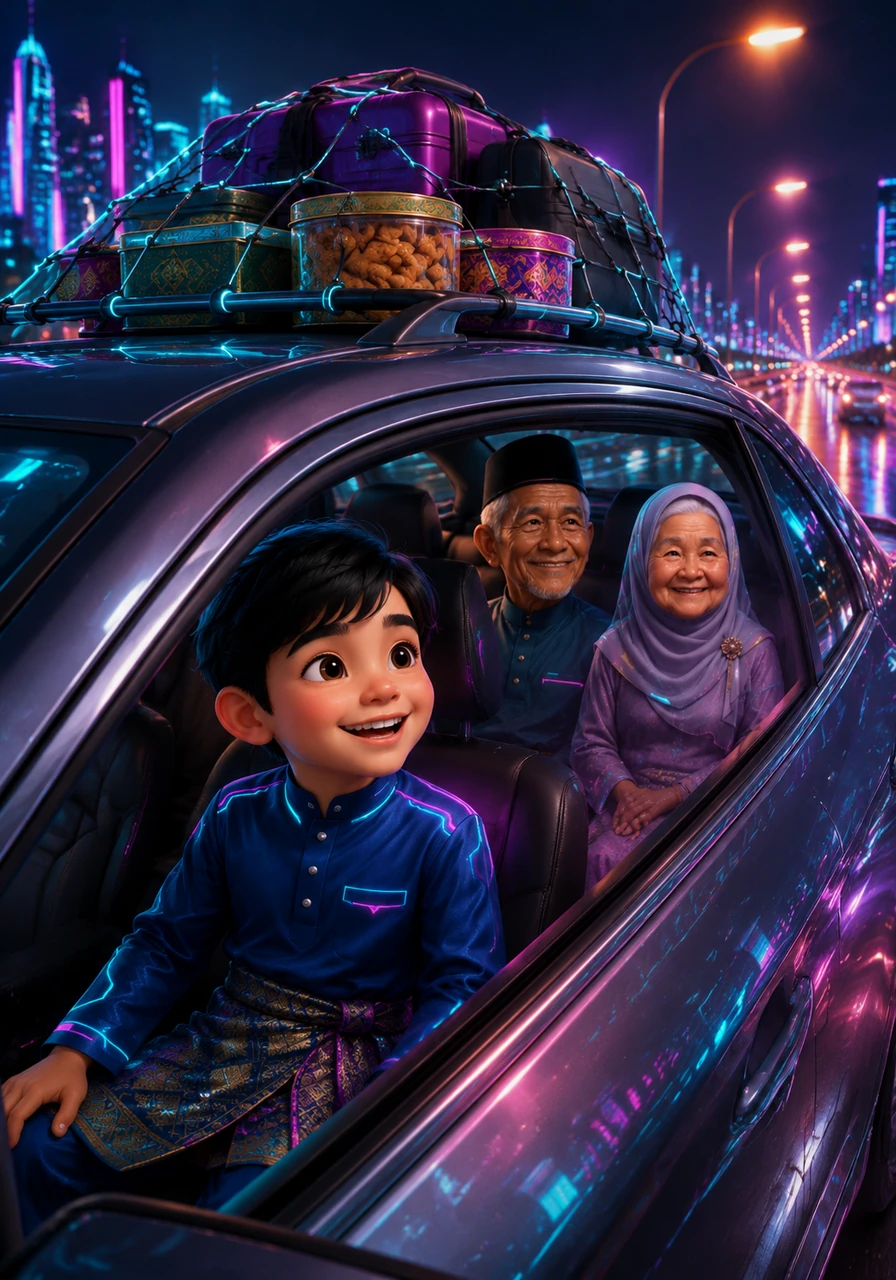 Amir melihat ke luar tingkap kereta dengan penuh teruja, melihat deretan lampu jalan raya yang panjang ketika keluarganya memulakan perjalanan pulang ke kampung. Bonet kereta penuh dengan beg pakaian dan kuih-muih raya yang sedia untuk dikongsi bersama yang tersayang.