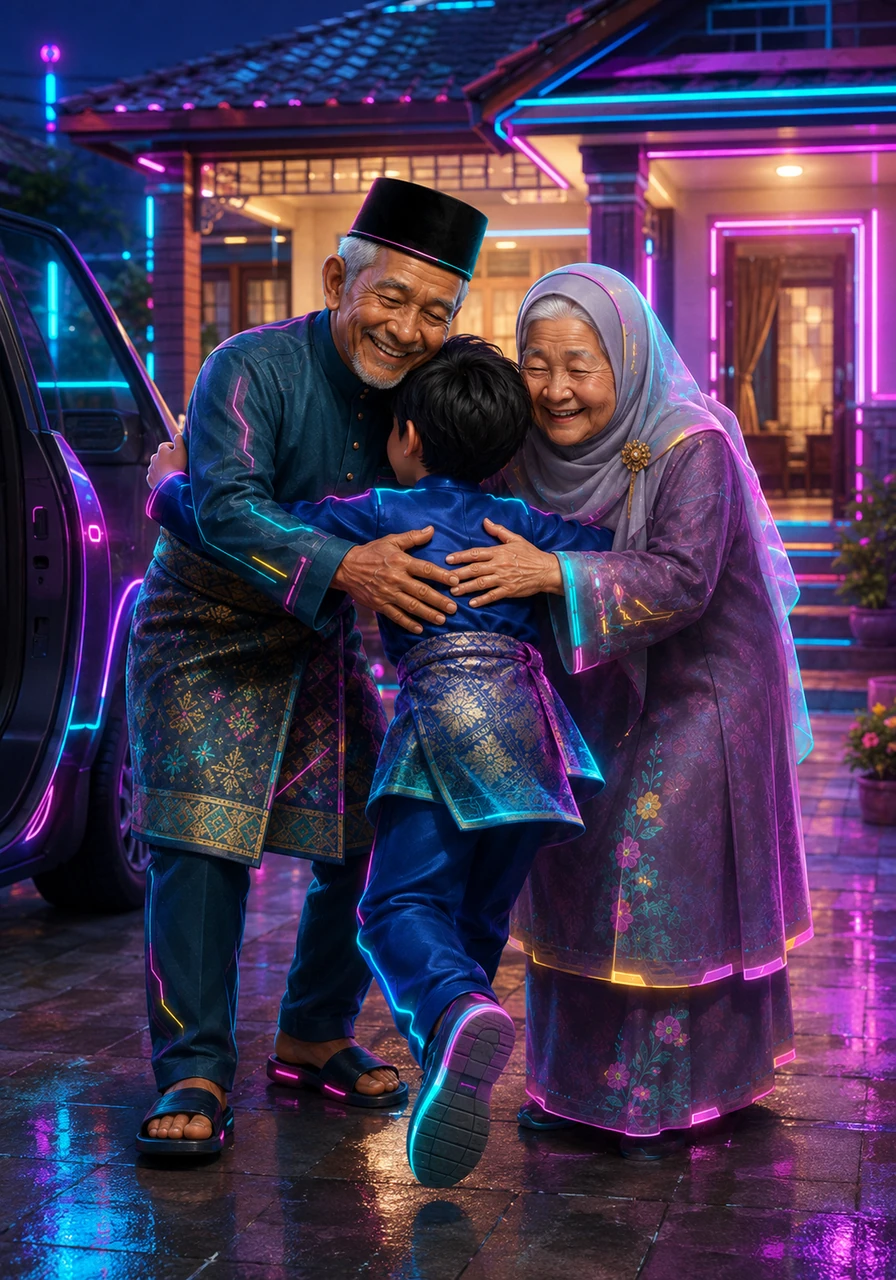 Sebaik sahaja pintu kereta dibuka, Amir berlari laju dan terus memeluk Atuk dan Nenek yang sudah lama menunggu di halaman rumah. Senyuman lebar di wajah tua mereka memadamkan segala keletihan perjalanan jauh dari kota.