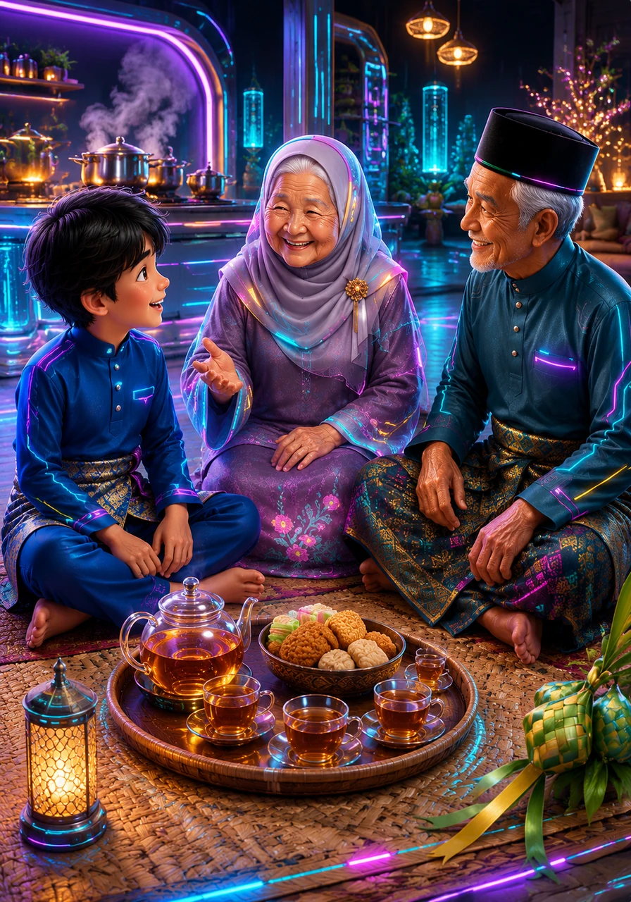 Di dalam rumah, suasana begitu meriah dengan bau harum rendang dan sup yang sedang menggelegak di dapur. Nenek mempelawa mereka duduk di atas tikar mengkuang, menghidangkan teh panas dan biskut raya yang rangup.