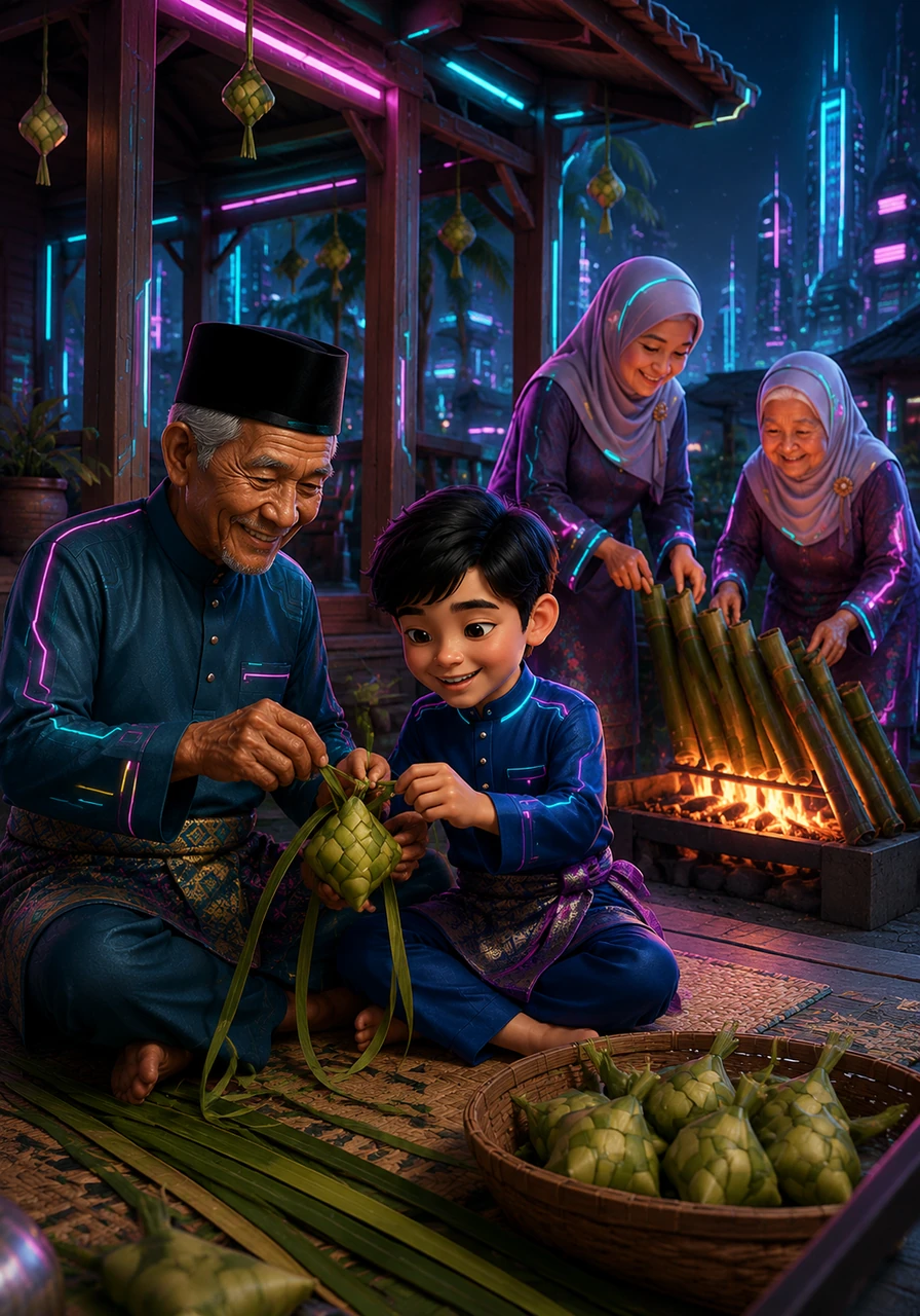 Keesokan paginya, suasana malam raya bermula dengan aktiviti menganyam ketupat di pangkin luar rumah. Atuk dengan sabar mengajar Amir cara memusing dan menyilang daun palas yang hijau, manakala Ibu dan Nenek sibuk menyusun buluh lemang di tepi api.