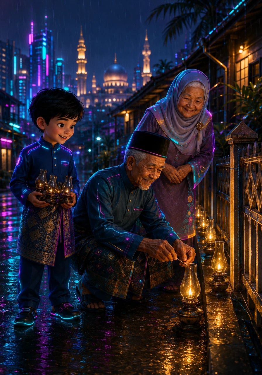 Apabila malam menjelma, gema takbir raya mula kedengaran dari masjid berhampiran, membawa rasa syahdu dan damai ke dalam hati mereka. Amir dan sepupunya membantu Atuk menyalakan sumbu pelita minyak tanah di sepanjang pagar rumah, menerangi malam yang gelap.