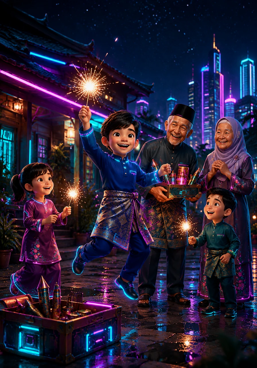 Suasana malam raya semakin riuh-rendah apabila bapa membawa keluar sekotak bunga api untuk kanak-kanak. Amir memegang percikan bunga api yang bergemerlapan, melompat kegembiraan bersama sepupu-sepupunya di bawah langit malam yang dipenuhi bintang.