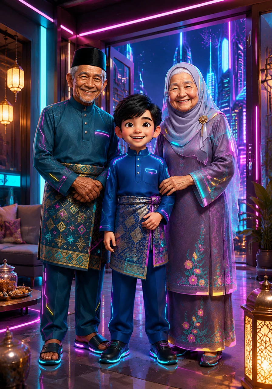 Pagi Syawal yang mulia akhirnya tiba, dan seluruh rumah dipenuhi dengan warna-warni baju raya yang baharu. Amir kelihatan sangat segak berbaju melayu biru lengkap bersamping, manakala Nenek dan Ibu anggun berbaju kurung tradisional.