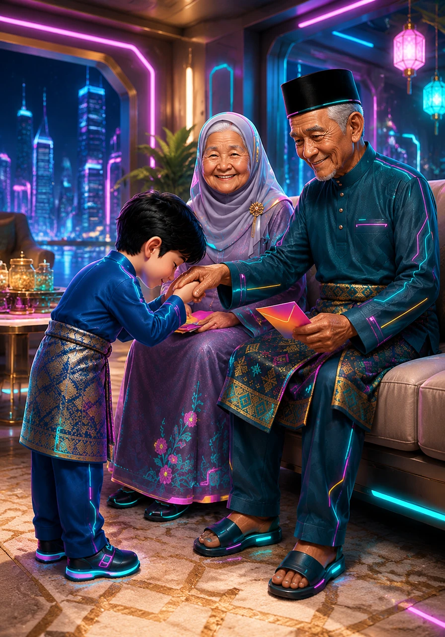 Selepas menunaikan solat sunat Hari Raya, seluruh keluarga berkumpul di ruang tamu yang luas untuk sesi bermaaf-maafan. Amir bersalam dan mencium tangan Atuk dan Nenek, menerima ucapan doa serta sampul duit raya yang berwarna-warni.
