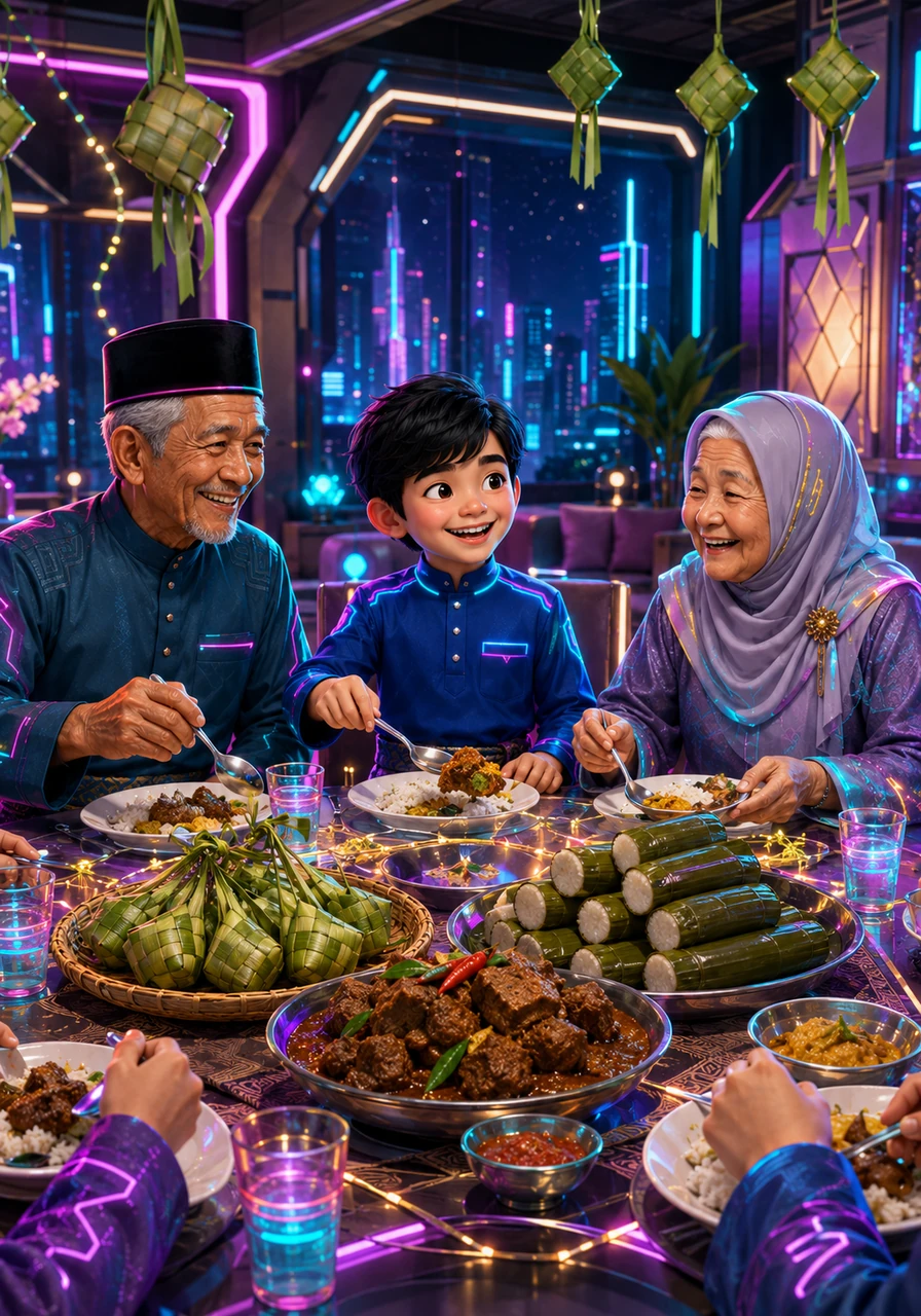 Cerita diakhiri dengan hidangan makan tengah hari raya yang sungguh menyelerakan, di mana semua ahli keluarga duduk mengelilingi meja makan yang penuh dengan ketupat, rendang, dan lemang. Gelak tawa dan kemeriahan itu menjadi memori Aidilfitri yang paling indah buat Amir dan keluarganya.