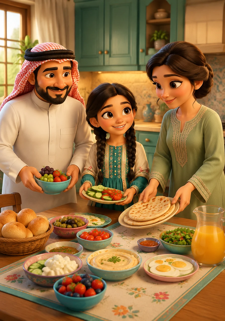 في المطبخ، تساعدني أمي الغالية رغد في تحضير الفطور اللذيذ، ورائحة الخبز الشهي تملأ المكان. نتعاون بابتسامة ونضع الأطباق الملونة على الطاولة، ونحن نخطط كيف سنجعل هذا اليوم مميزاً.