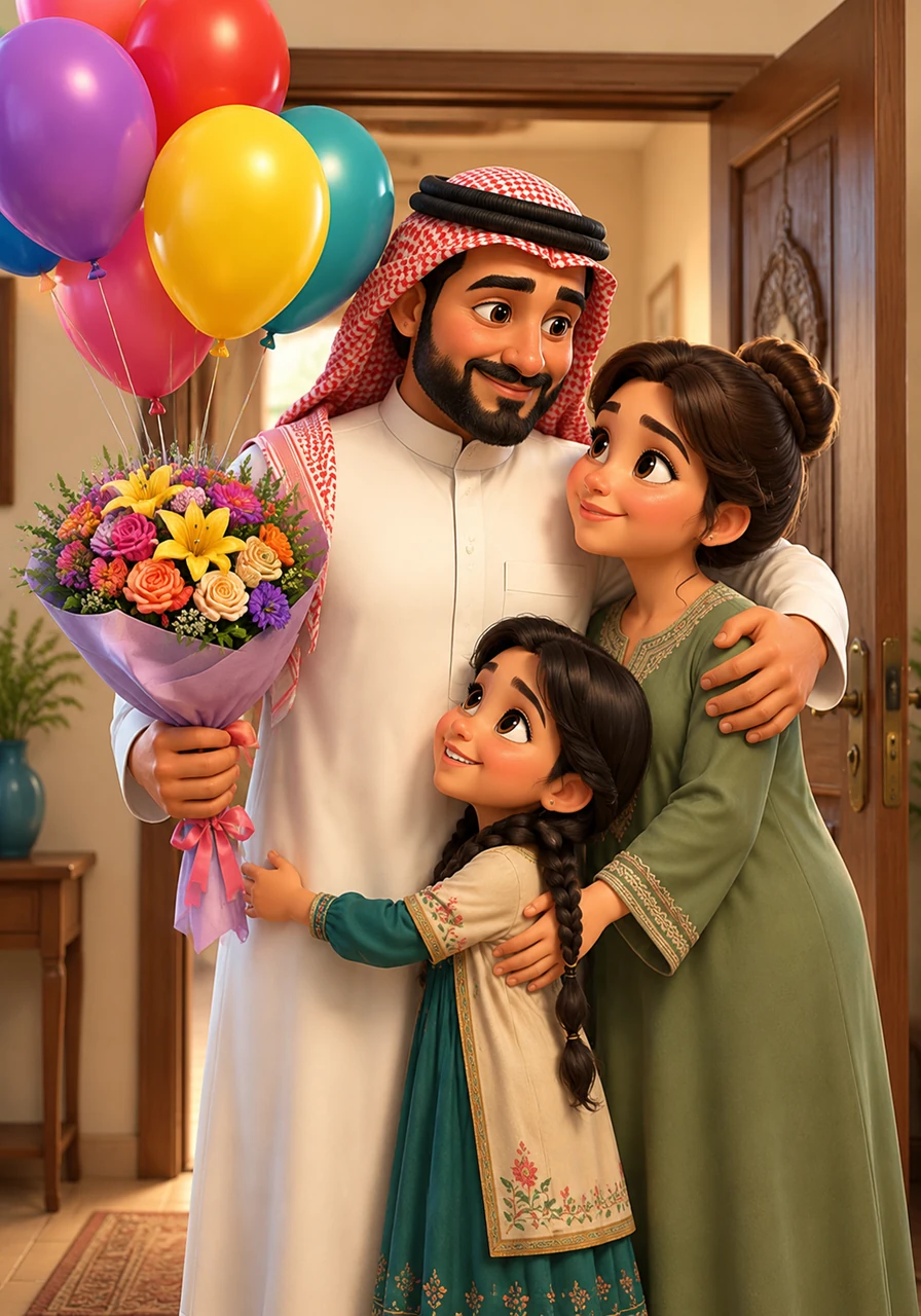 يدخل والدي عبد الله حاملاً باقة من الزهور الملونة وبالونات زاهية، ويحيينا بابتسامته الحنونة التي تمنحنا الأمان. يغمرنا والدي بحضنه الدافئ، ويخبرنا بكلمات رقيقة كم هو فخور بعائلته الصغيرة والمتماسكة.