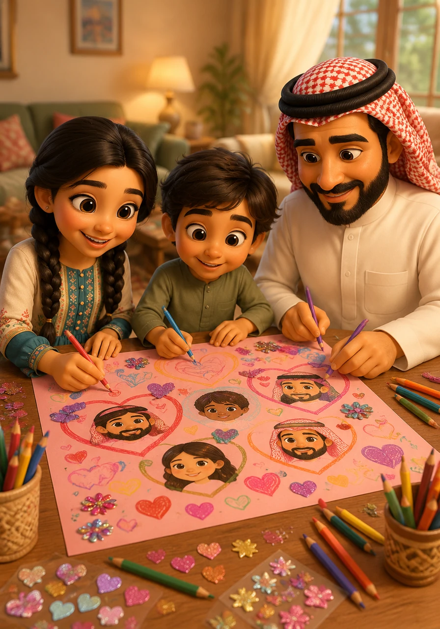 أجلس مع أختي الجوهرة وأخي الصغير مقبل حول الطاولة لنصنع بطاقة تهنئة كبيرة وملونة تعبيراً عن حبنا. نستخدم الأقلام الخشبية والملصقات اللامعة لنرسم قلوباً ووجوهاً مبتسمة تمثل كل فرد في عائلتنا الغالية.