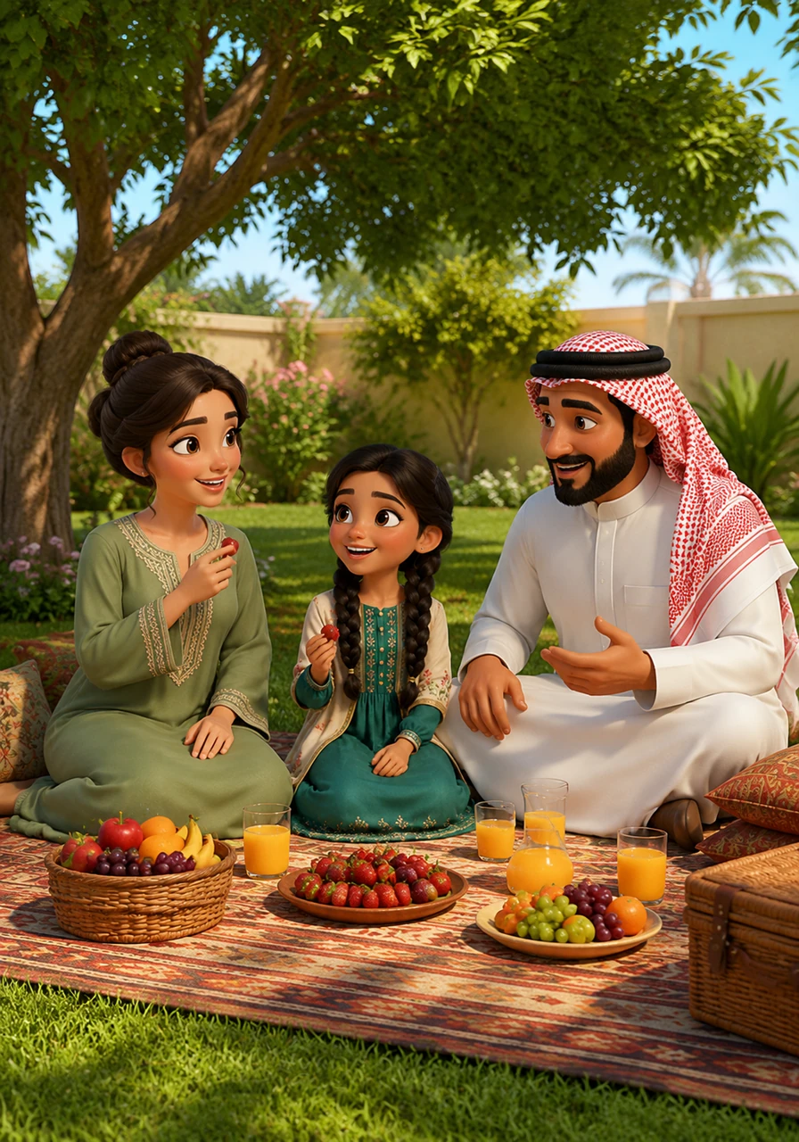 نخرج جميعاً إلى حديقة المنزل لنستمتع بالهواء النقي، حيث نلعب ونضحك تحت ظلال الأشجار الخضراء العالية. تجتمع عائلتي حول بساط النزهة، ونتشارك الفواكه والقصص الممتعة التي تجعلنا نضحك من أعماق قلوبنا.