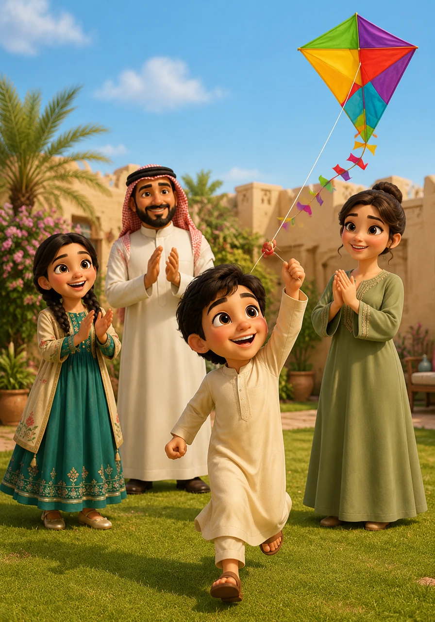 أخي الصغير مقبل يركض بحماس في الأرجاء وهو يحاول الطيران بطائرته الورقية الملونة، ونحن نشجعه ونصفق له بحرارة. السعادة تبدو واضحة في عينيه الصغيرتين، وهو يشاركنا ألعابه المفضلة بكل براءة وكرم.