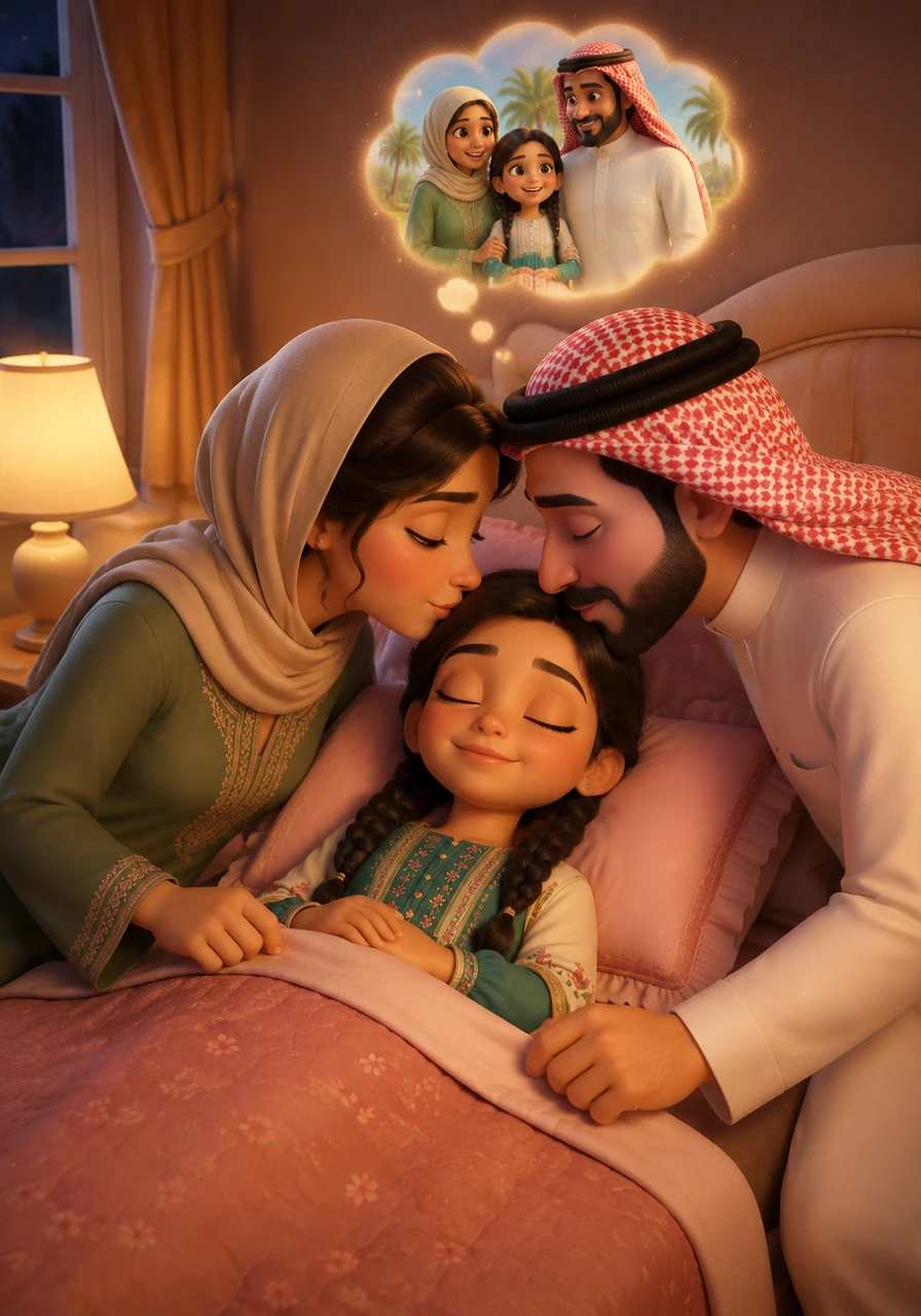 ينتهي يومنا الجميل وأنا في سريري الدافئ، يغطيني والدي ووالدتي ويقبلان جبهتي بحنان قائلين تصبحين على خير يا حصة. أنام وأنا أحلم بغدٍ مشرق جديد مع عائلتي التي هي أغلى وأجمل ما أملك في الوجود.