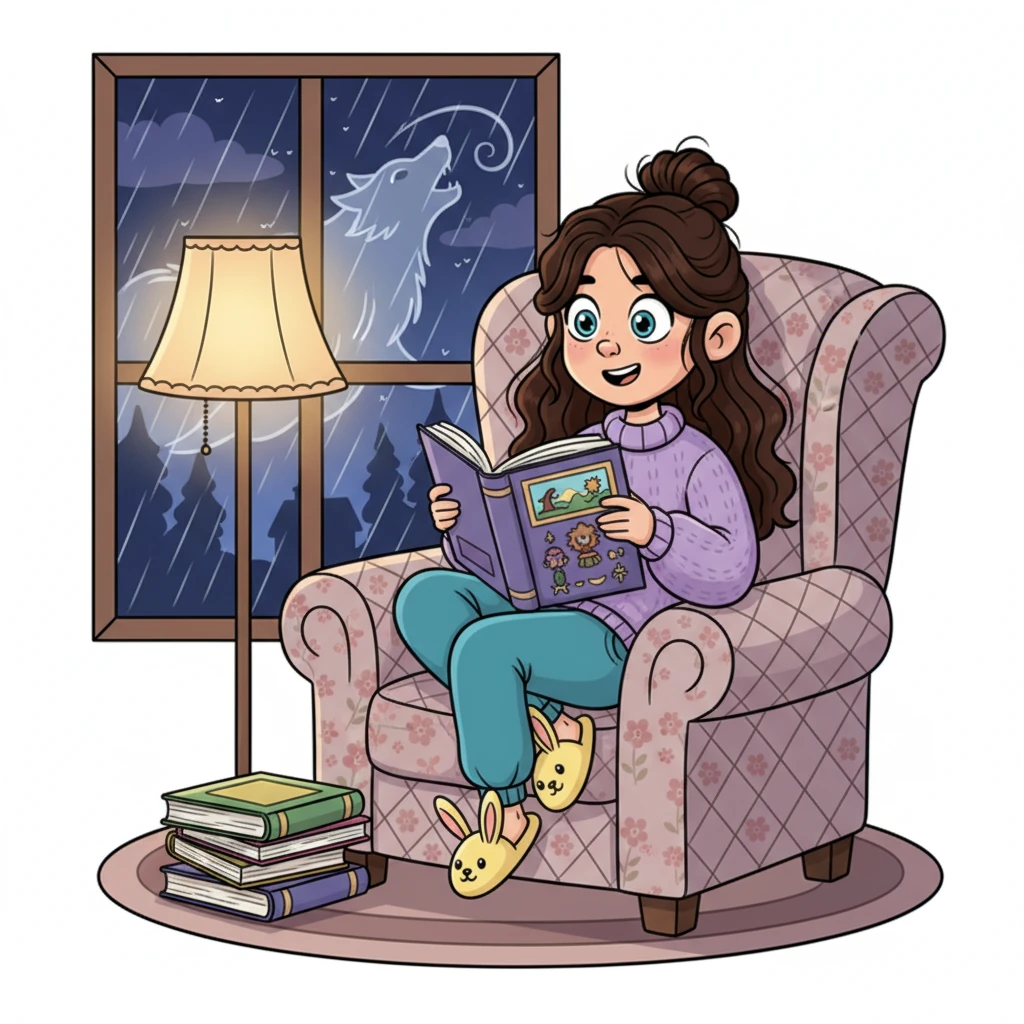 Lúcia estava aconchegada em sua poltrona favorita, lendo um livro de aventuras. Lá fora, a noite era agitada; a chuva tamborilava no telhado e o vento uivava como um lobo brincalhão.