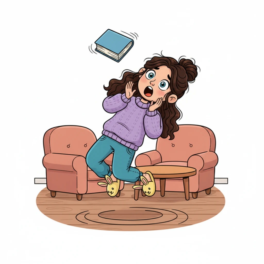 De repente, um *BUM-BUM-BUM* forte e inesperado ecoou pela casa, fazendo Lúcia pular. Seu livro voou no ar, e seus olhos se arregalaram de surpresa e um pouquinho de medo.