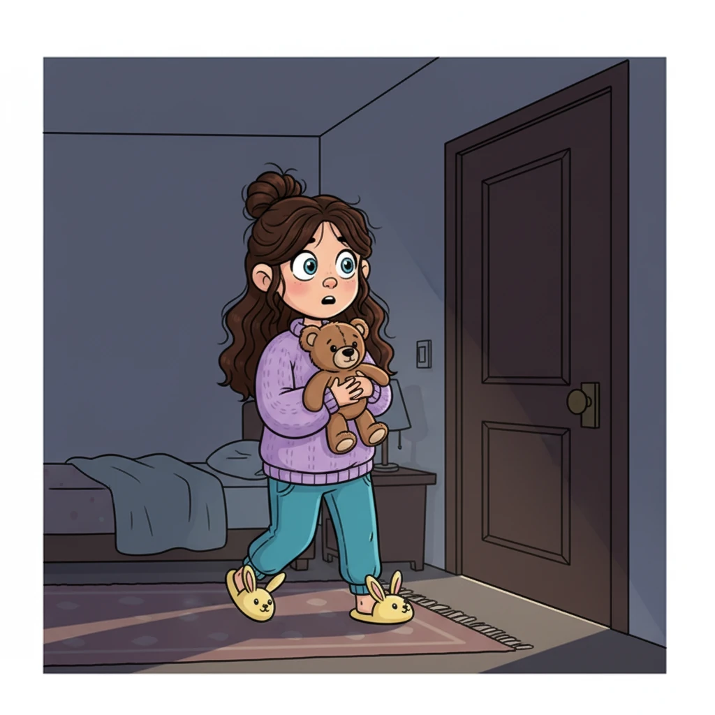 Respirando fundo, Lúcia decidiu investigar. Ela pegou seu ursinho de pelúcia, Barnabé, e, com passos miúdos e corajosos, começou a se aproximar da porta.