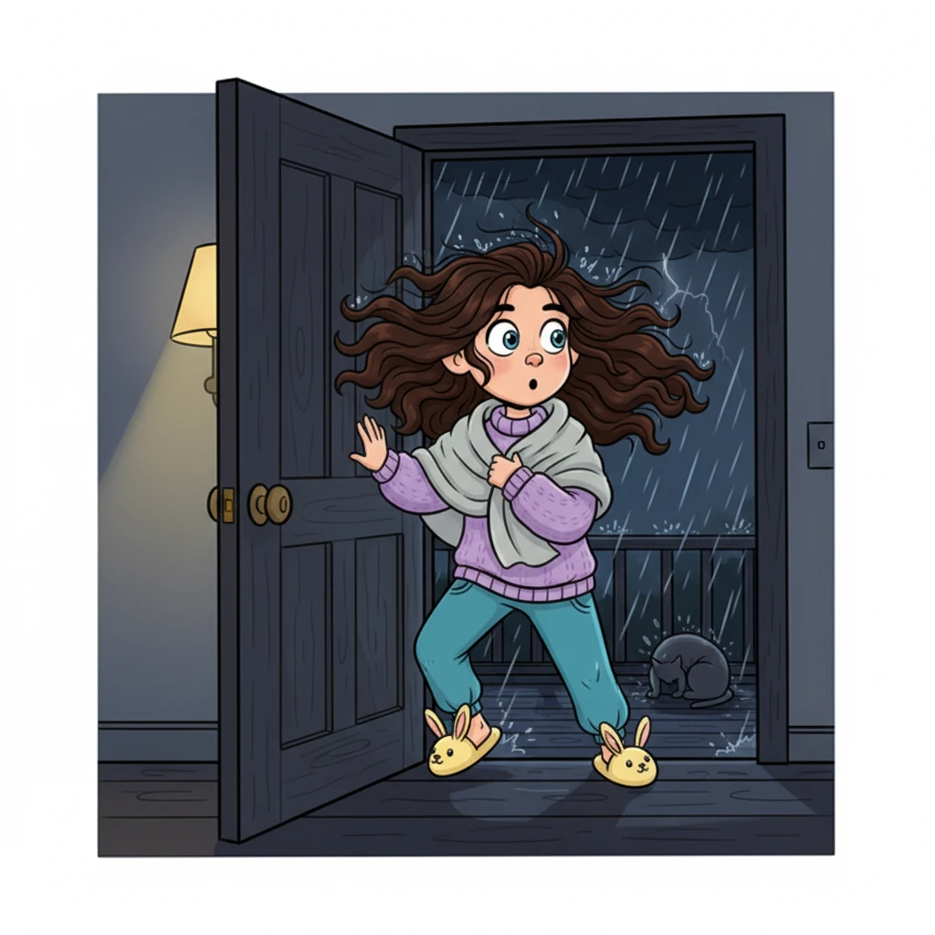 Com um empurrãozinho valente, Lúcia abriu a porta apenas uma fresta, espiando a escuridão da noite chuvosa. Uma rajada de vento bagunçou seus cabelos, mas seus olhos focaram em um montinho encolhido na varanda.