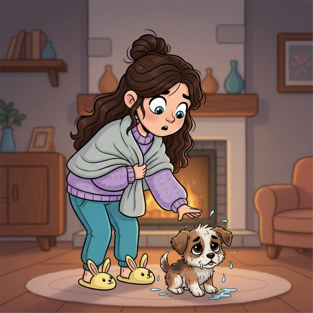 Para sua surpresa, não era um monstro assustador, mas um cachorrinho minúsculo, todo molhado e tremendo, com olhos grandes e tristes! Ele soltou um latido fininho, parecendo perdido e com frio.