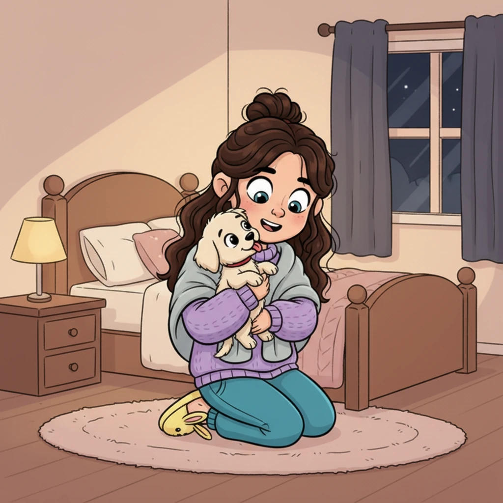 Sem hesitar, Lúcia pegou o filhote gelado, aninhando-o gentilmente contra seu pijama quentinho. O cachorrinho lambeu sua bochecha, e seu rabinho balançou em um pequeno gesto de gratidão, afastando todo o medo da noite.