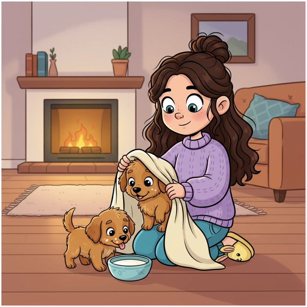 Dentro de casa, Lúcia secou o filhote com uma toalha macia e fofinha, fazendo-o se sentir seguro. Ela colocou uma tigelinha de leite morno no chão, e o cachorrinho lambeu tudo, feliz e aquecido.