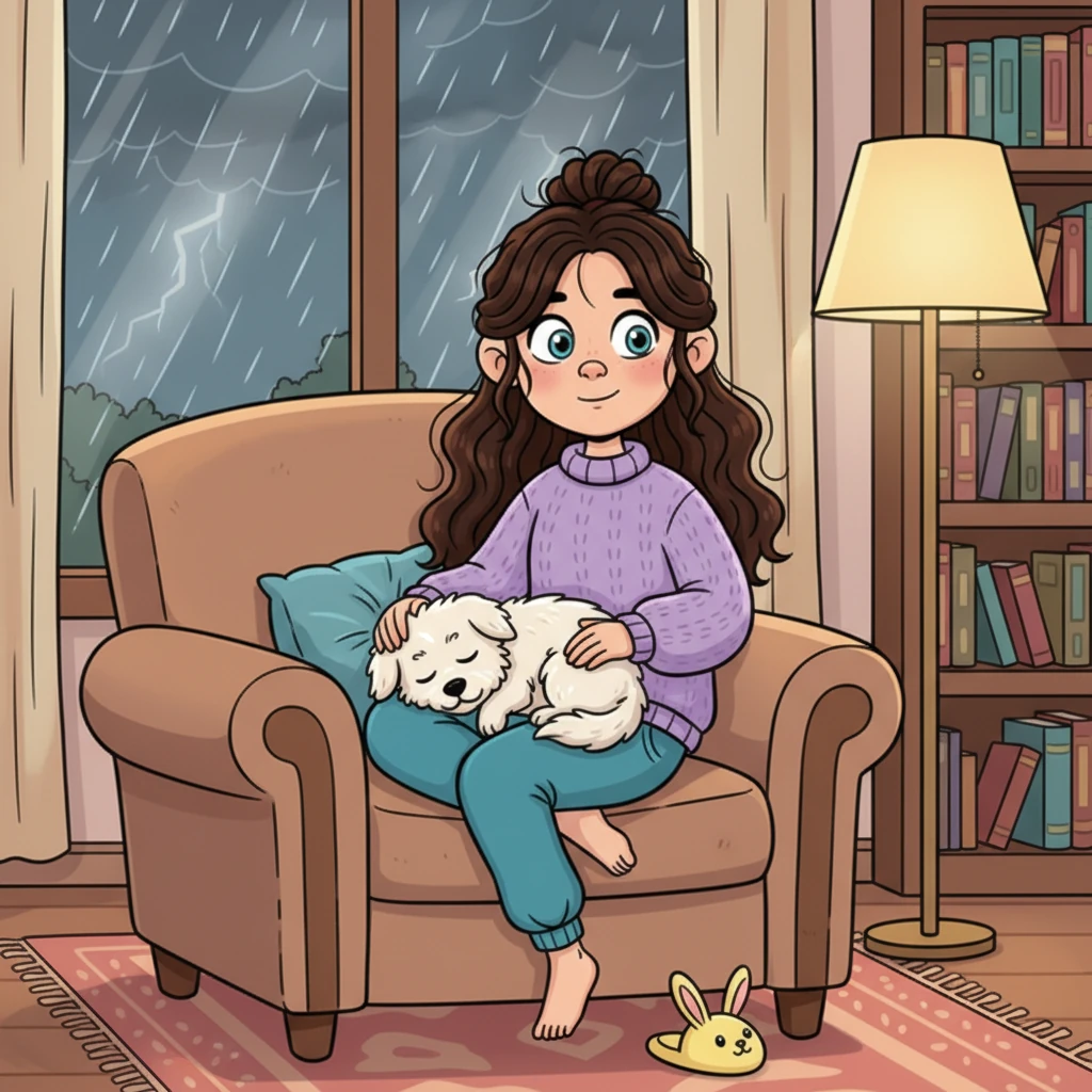 De volta à poltrona, Lúcia agora tinha o cachorrinho feliz e sequinho aninhado ao seu lado, dormindo tranquilamente. A tempestade continuava lá fora, mas dentro, uma nova amizade florescia, enchendo o lar de conforto e alegria.