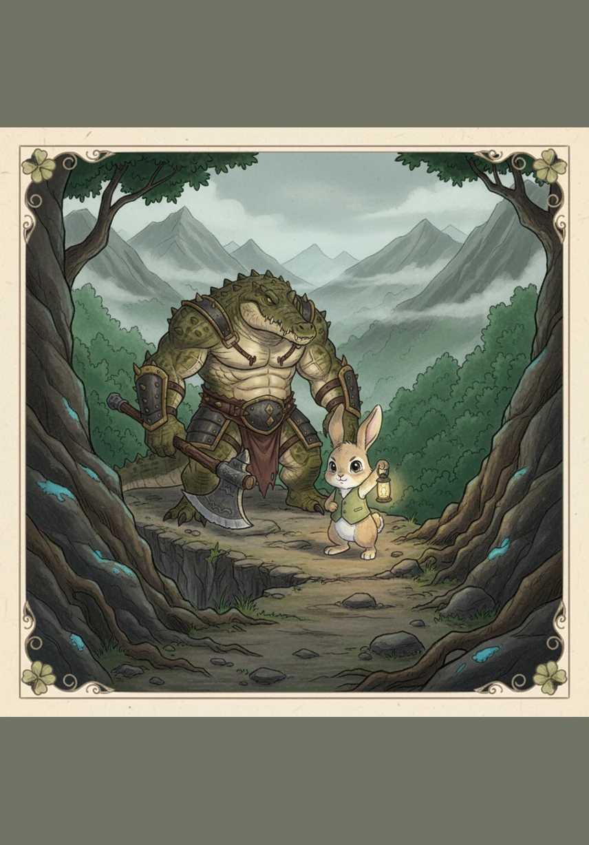 Far beneath the narrow trail, a deep green river winds through the valley floor. A massive crocodile with sharp teeth floats silently in the water, watching the little bunny with a hungry gaze.