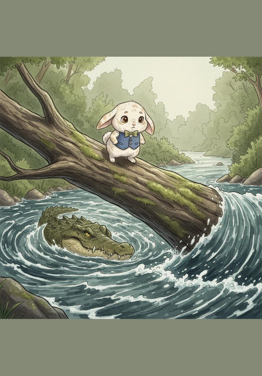 Barnaby gingerly climbs onto the rough bark of the fallen tree trunk. His heart drums against his chest as he looks down at the swirling currents and the crocodile waiting patiently below.