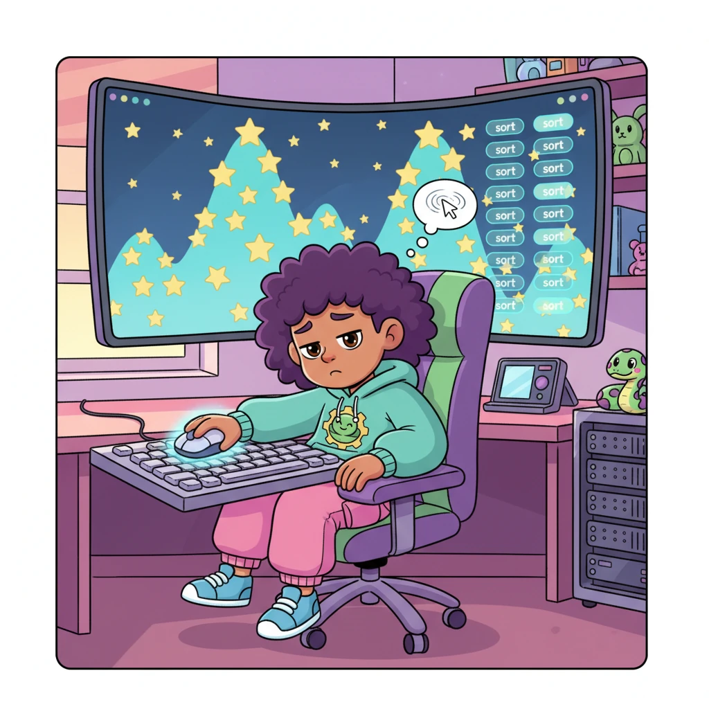 Pip sat at a big computer, feeling a little droopy. Click, click, click went Pip's mouse, doing the same website task over and over again. "Oh, if only these clicks could do themselves!" sighed Pip, watching a mountain of virtual stars waiting to be sorted.