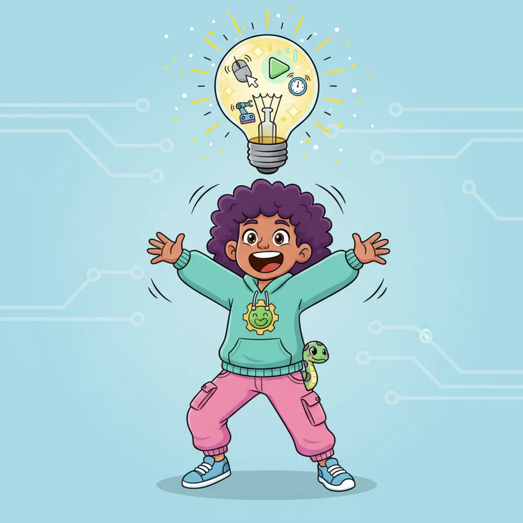 Suddenly, a giant, sparkly lightbulb popped right above Pip's head! Pip's eyes widened with a brilliant idea. What if a clever computer friend could do all the clicking for them, making tasks zoom by like magic?