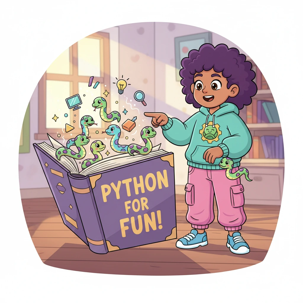 Pip discovered a friendly, wobbly book called 'Python for Fun!'. Inside, little cartoon Python snakes, made of colorful code blocks, danced and pointed to exciting possibilities. Learning Python felt like learning a secret language for computers!
