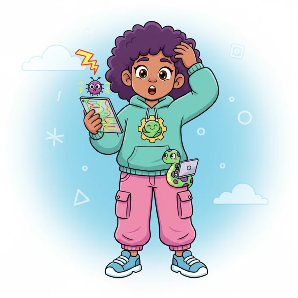 Uh-oh! A tiny, mischievous bug with googly eyes suddenly wriggled onto the screen, tangling up Pip's careful code. A funny, zig-zag error message popped up, making Pip scratch their head. "My automation friend is stuck!" exclaimed Pip.