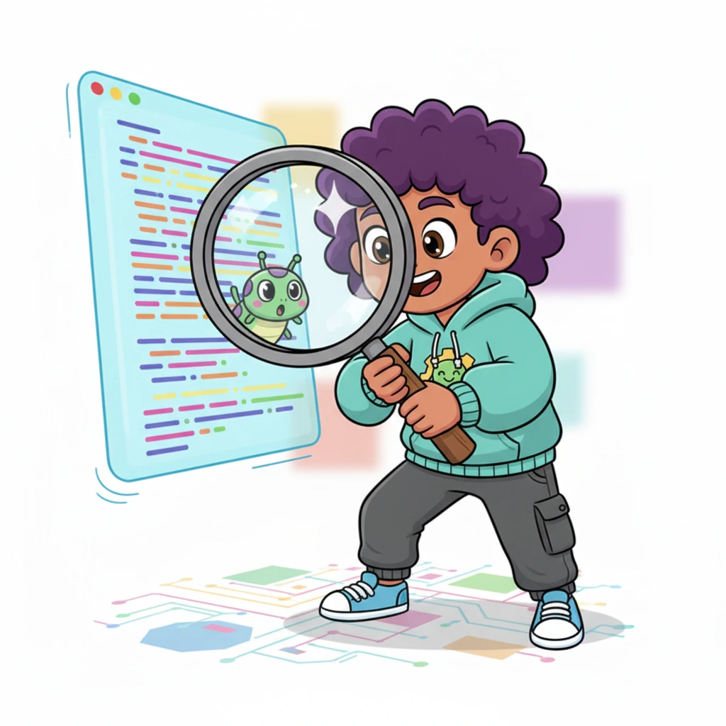Pip grabbed a giant magnifying glass, eyes sparkling with focus. They peered closely at the screen, searching for the cheeky bug hiding among the code lines. The little bug looked quite surprised to be found!