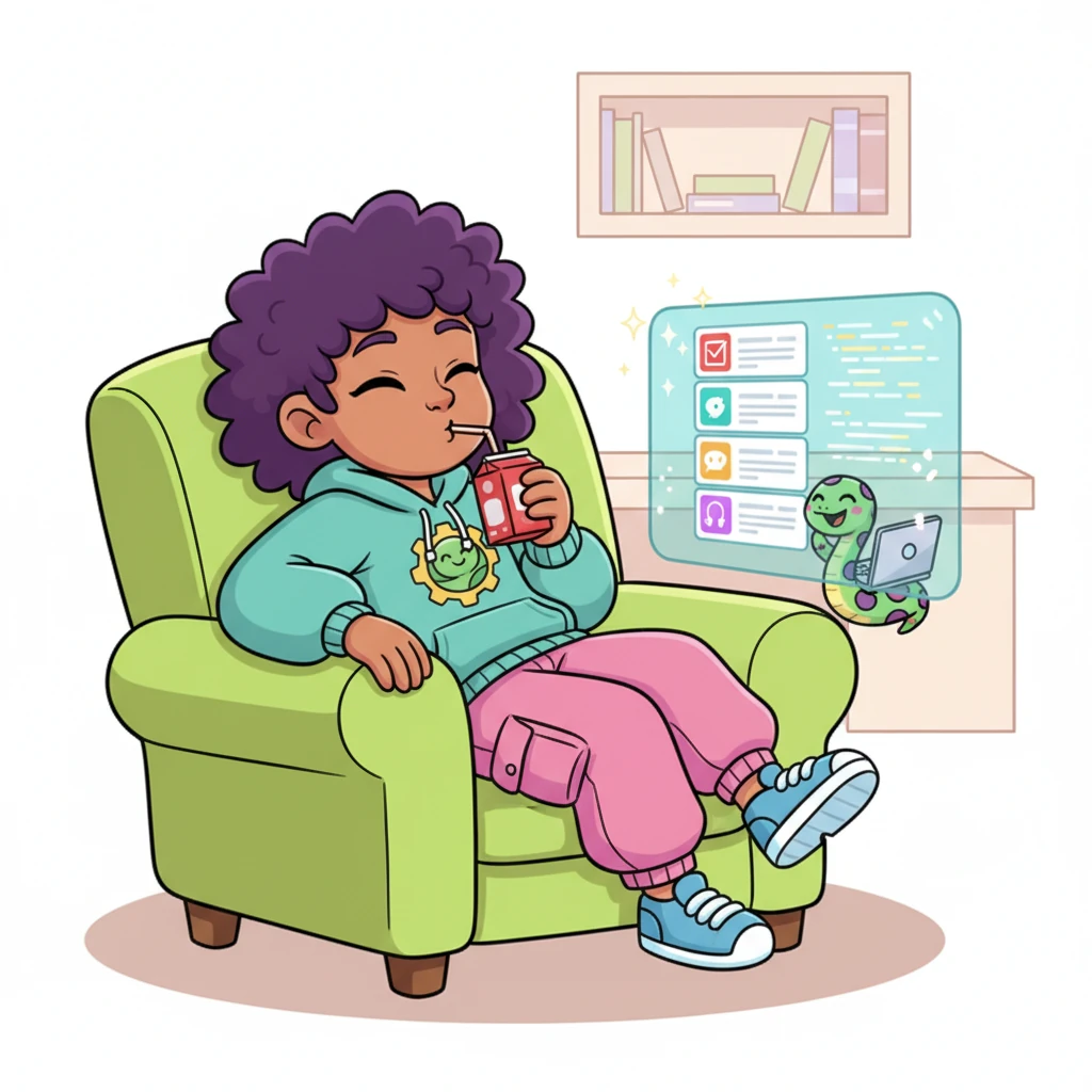 Now, the website was sparkling clean and perfectly organized, all thanks to Pip's clever code. No more endless clicking! Pip relaxed in a comfy chair, sipping a juice box, while the automation friend handled everything.