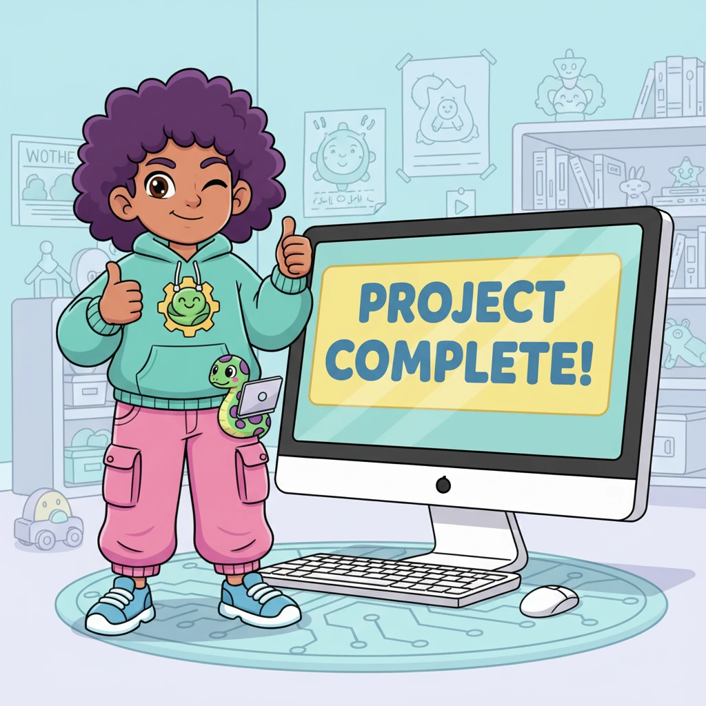 Pip stood tall and proud beside the computer, which now displayed a big, happy 'Project Complete!' banner. With a confident wink, Pip knew this was just the beginning. What new, exciting challenges would Pip's Python power-up tackle next?