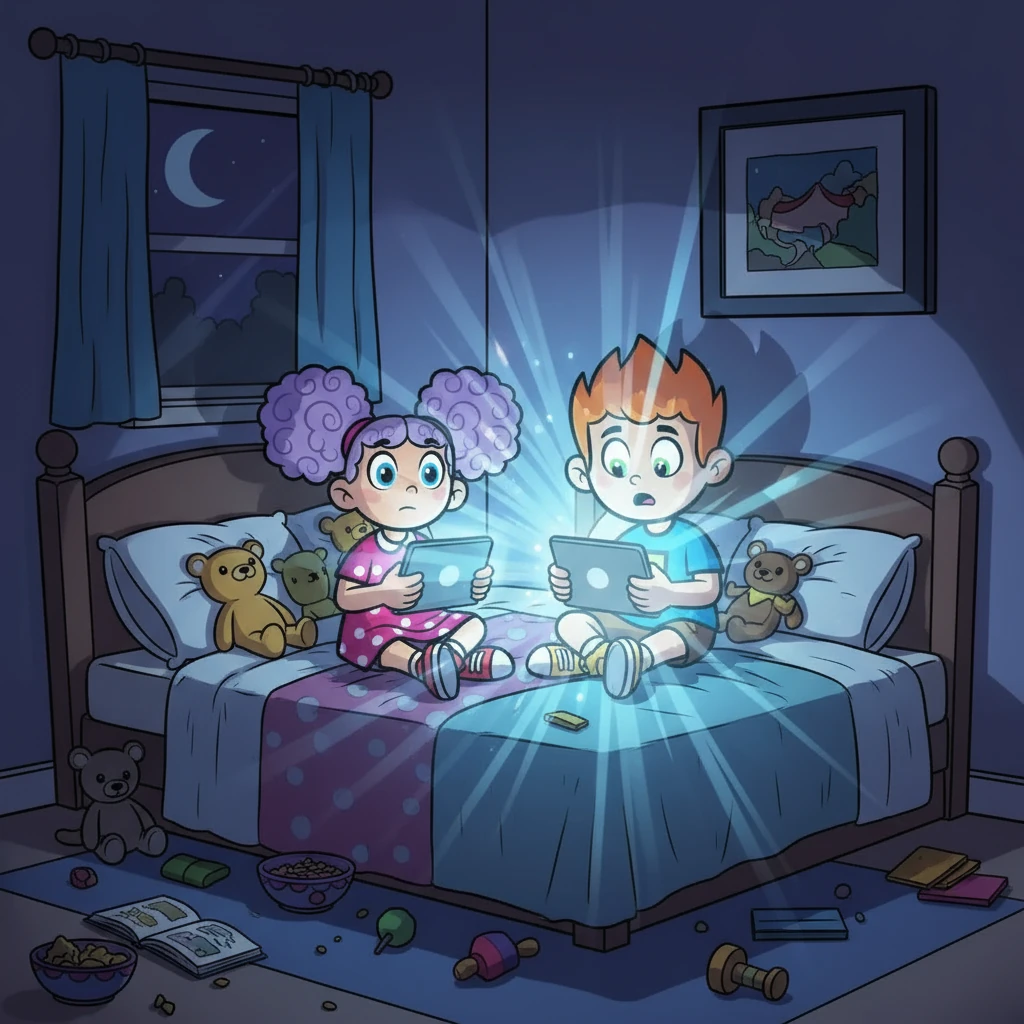 Luna e Leo, os 'Gêmeos Digitais', estavam grudados em seus tablets, absorvidos em jogos e vídeos. A noite caiu, e a luz azul das telas iluminava seus rostos. De repente, uma forte luz emanou do tablet, envolvendo os dois irmãos.