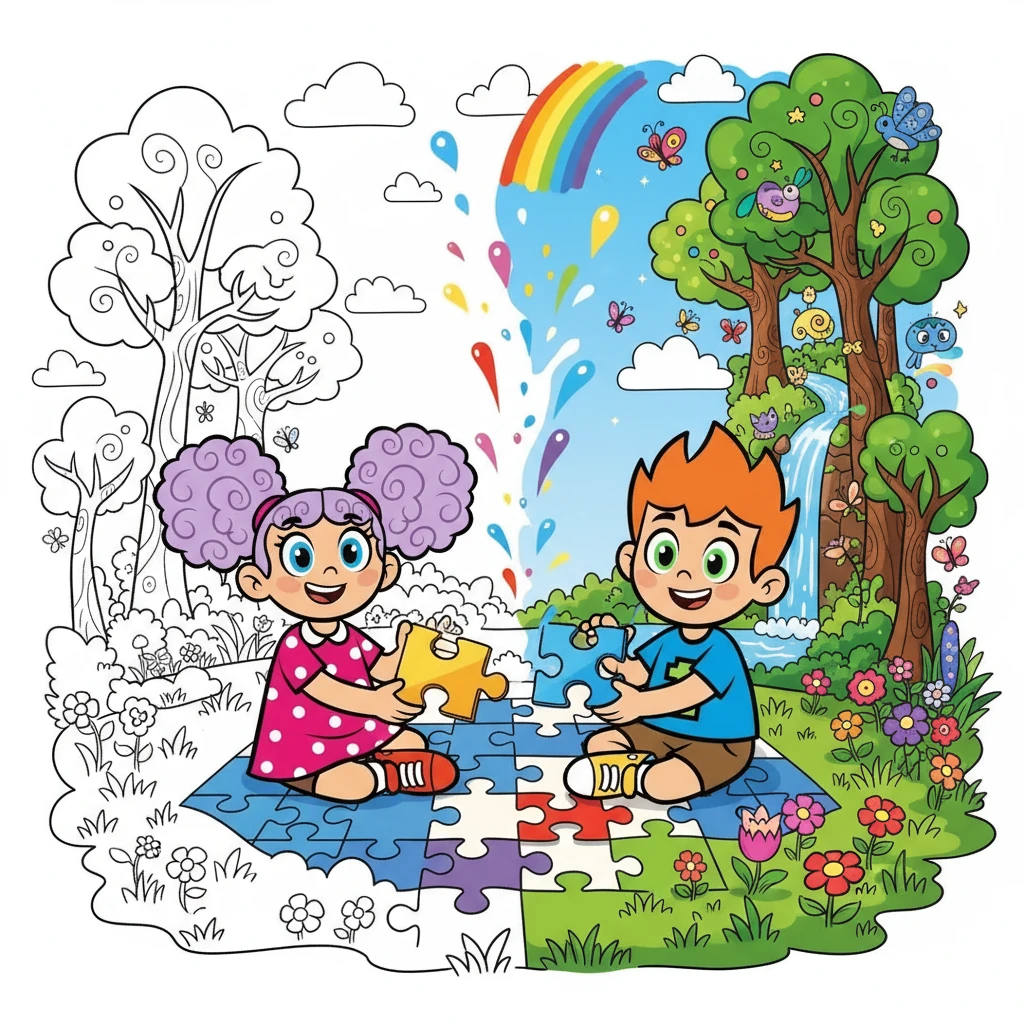 Com trabalho em equipe, Luna e Leo usaram sua imaginação para desenhar as peças que faltavam no quebra-cabeça. A cada peça, o mundo ao redor ganhava cores e formas, mostrando a importância da colaboração.