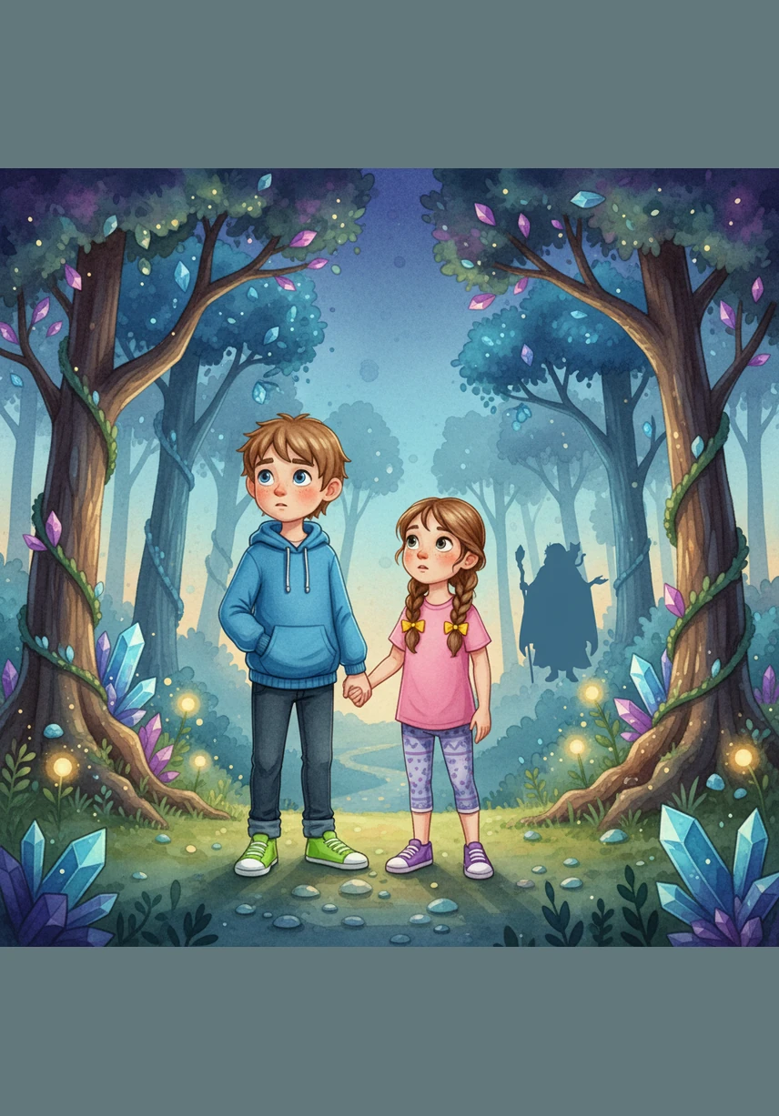 Hansel and Gretel stand at the edge of a vibrant, enchanted forest, wearing bright modern outfits that pop against the glowing flora. The trees look like polished 3D sculptures with leaves that shimmer like digital crystals under a twilight sky.
